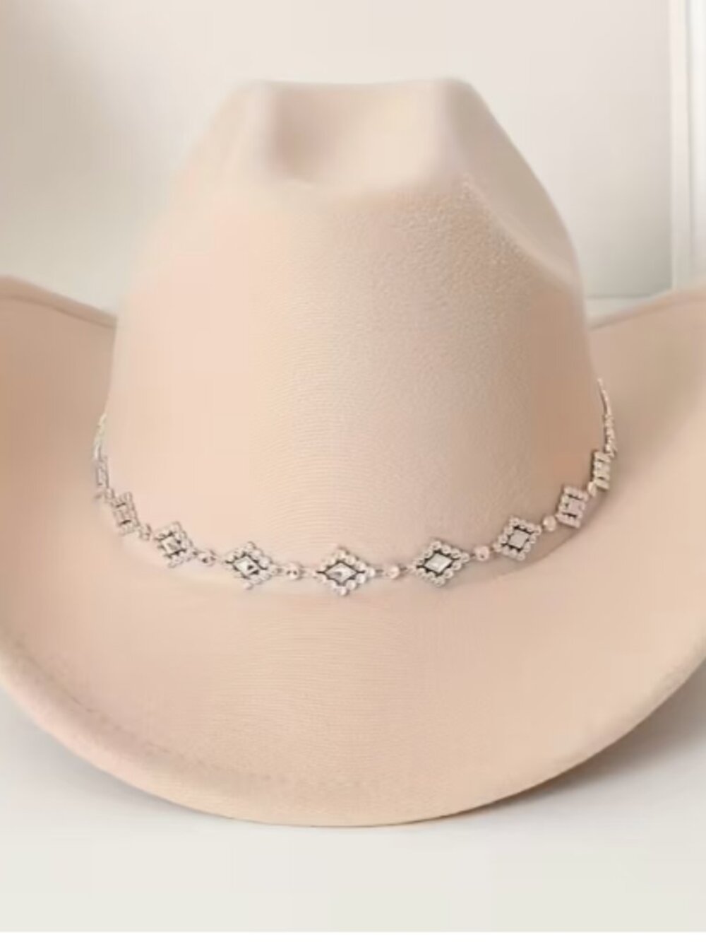 A766-NEW Soft Beige Felt Diamond Shaped AB Rhinestone Band Cowboy-Cowgirl Hat